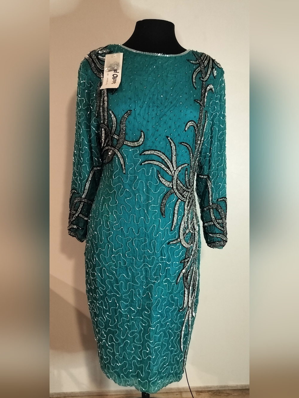 Teal Long-Sleeve Beaded Evening Dress